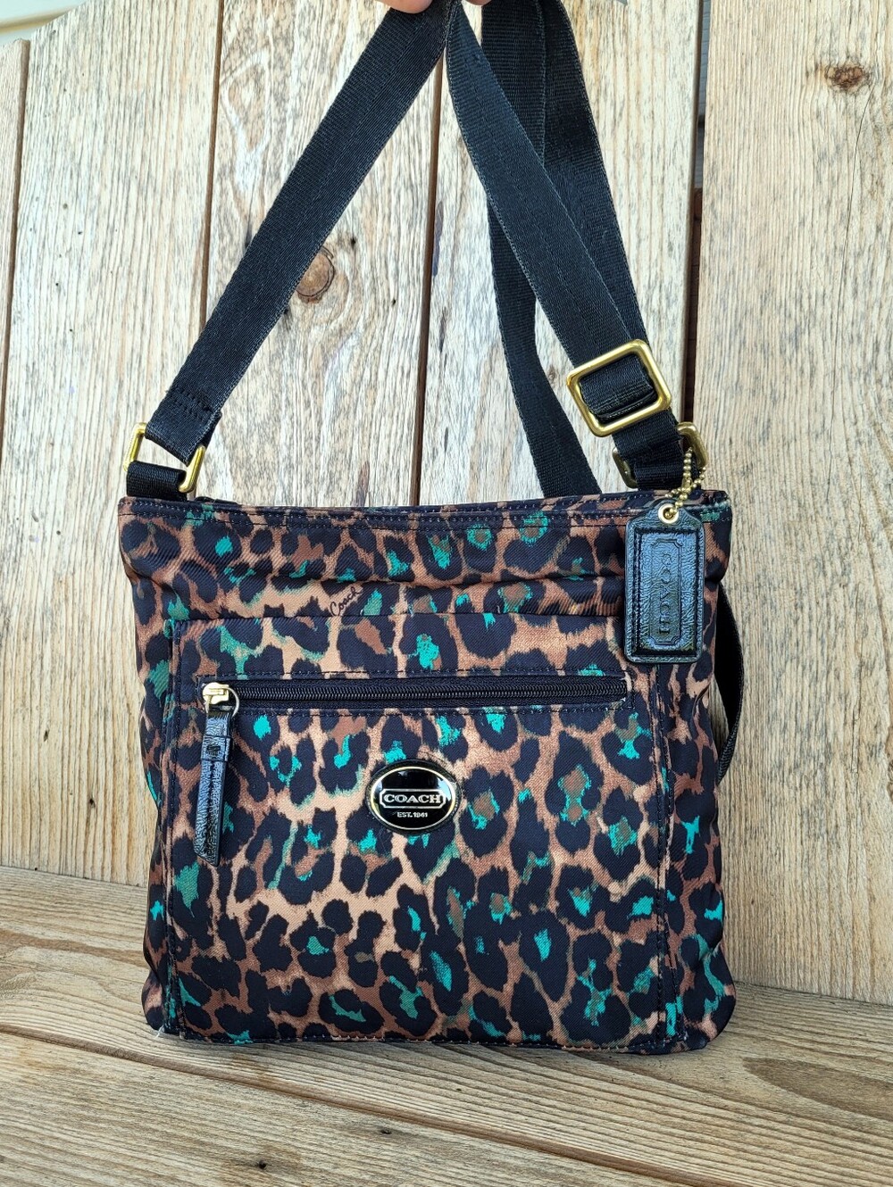 Authentic Coach Leopard Print And Green Crossbody Handbag